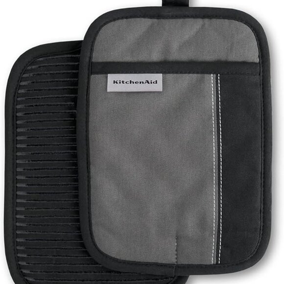 KitchenAid Beacon Non-Slip Pot Holder 2 pc Set Two-Tone Silver/Onyx Black NWOT - Picture 1 of 8